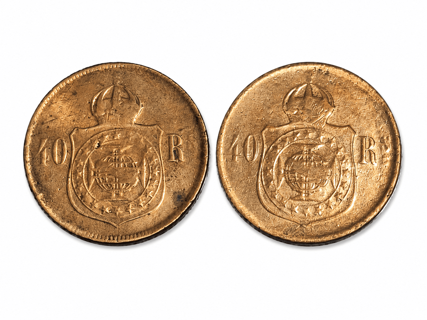 Lote com 2 moedas brasileiras de 40 réis — D. Pedro II — 1875 e 1879